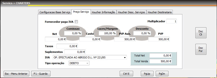 Tabela de serviços e preços